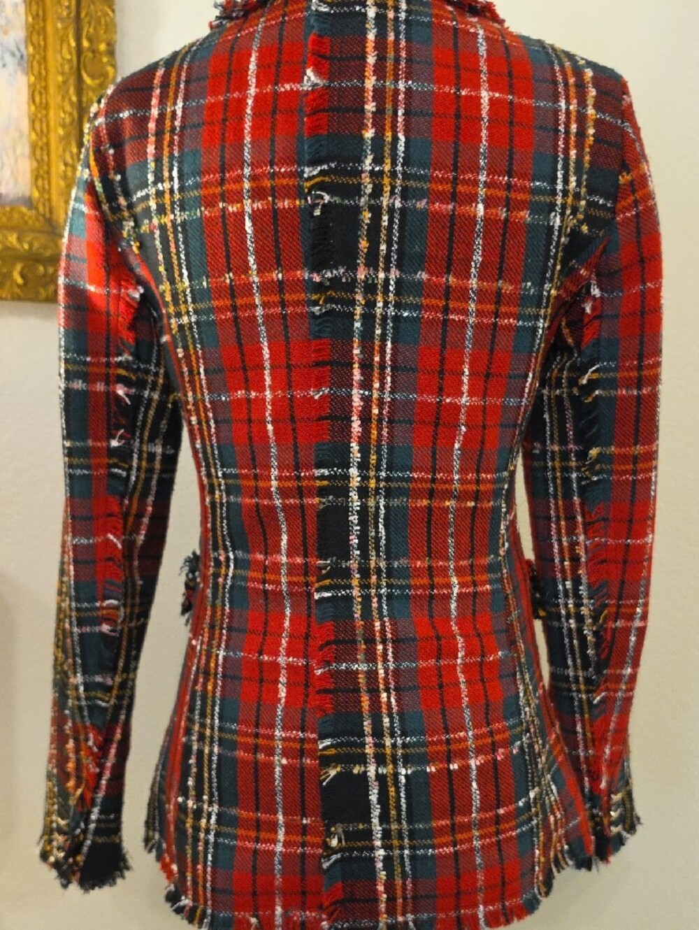 Rachel Zoe Red Black Plaid Fringed Double-Breasted Blazer - Picture 4 of 6